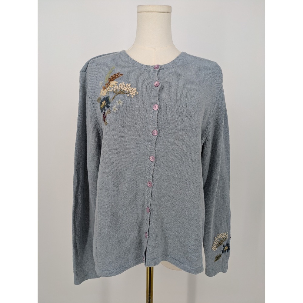 Talbots Petites Cardigan Womens Medium Blue Floral Embroidered Ramie Cotton VTG